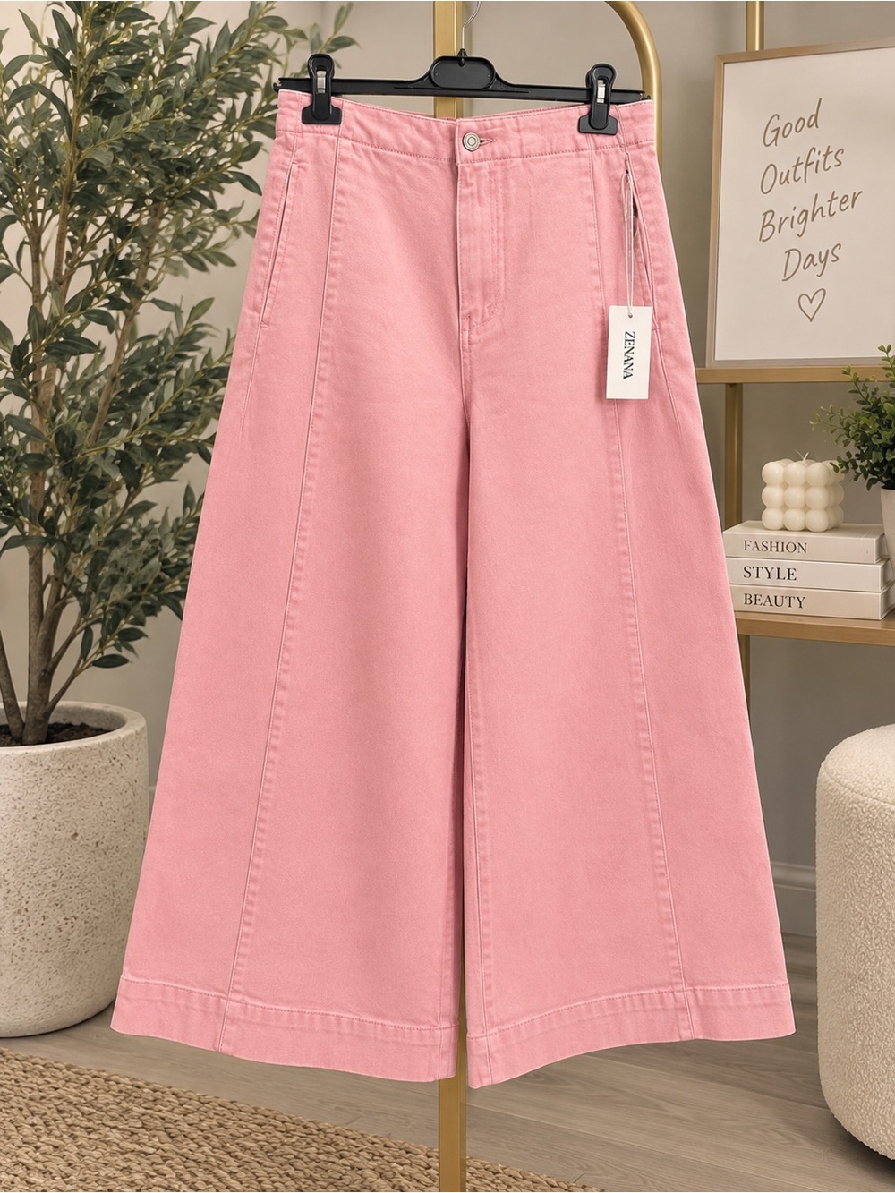 Zenana Wide Leg High-Rise Cotton Pants in Pink - Picture 2 of 3